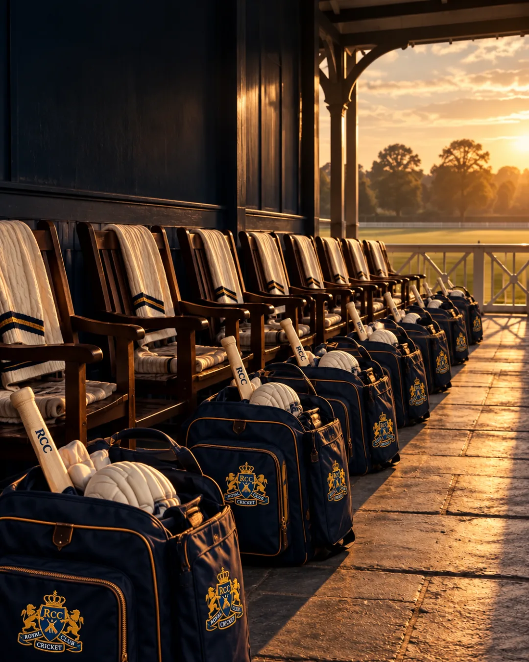 Illustrative RCC-branded kit bags outside a pavilion; not portraits of founding members