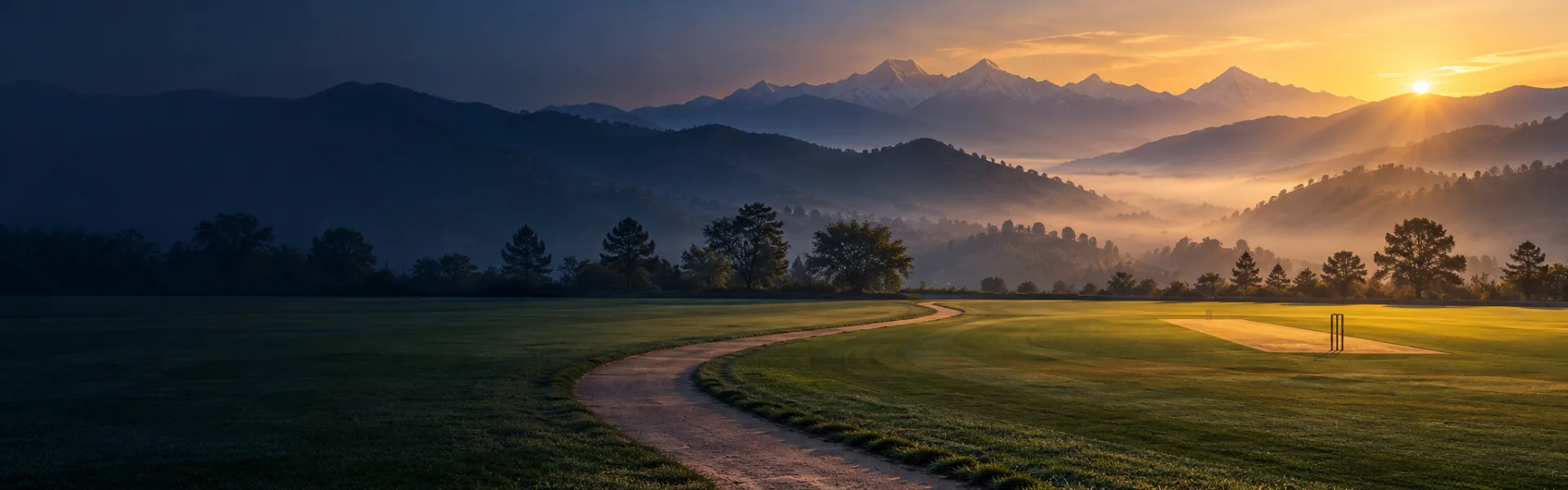Illustrative cricket ground at sunrise