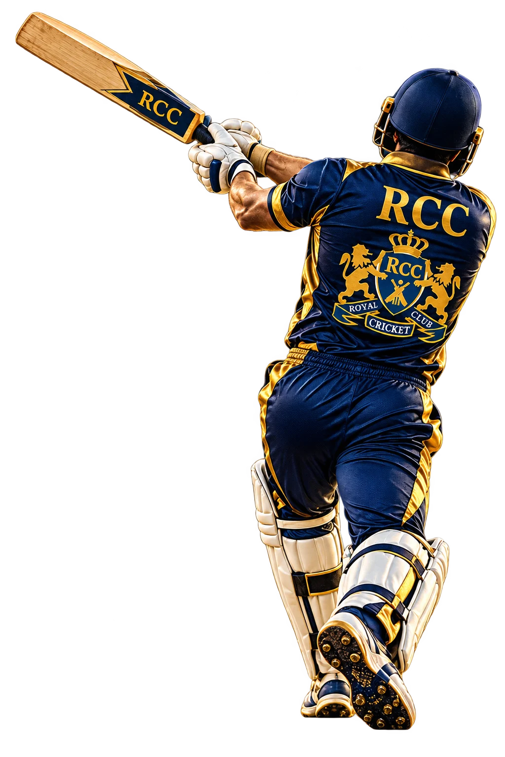 Illustrative rear-facing batter with RCC lettering and club crest on navy and gold kit; no visible face